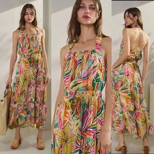 Floral multicolor flower smocked stitch boho western tiered dolce maxi dress